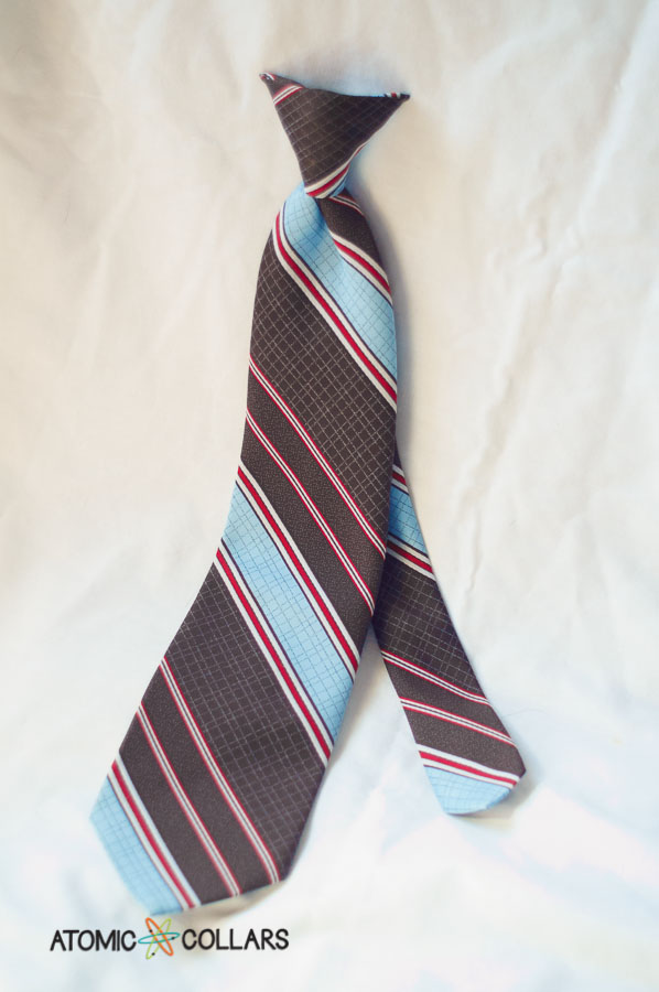 Blue & brown striped clip on necktie waiting to be turned into a necktie dog collar