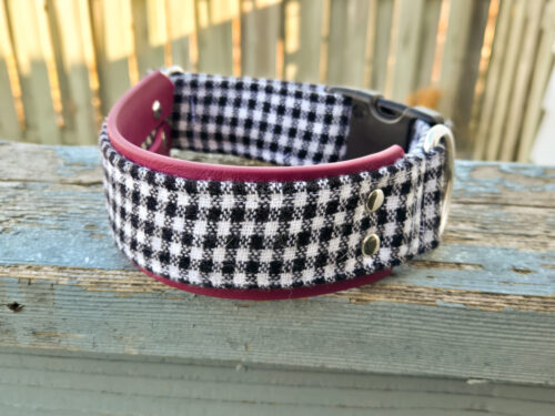 Chet -  Black & White Plaid Fabric Layered Biothane Dog Collar