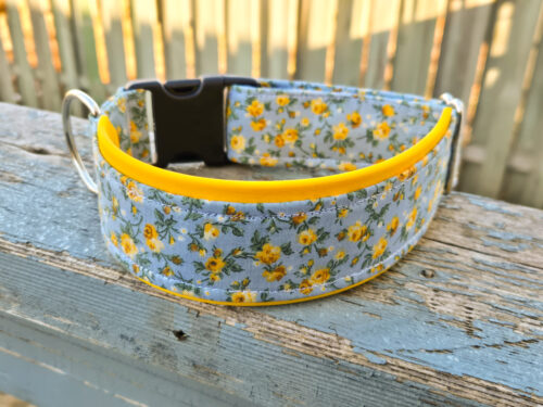 Ethel - Yellow Floral Fabric Layered Biothane Dog Collar