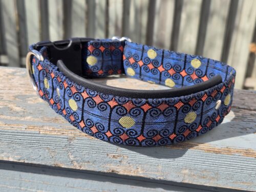 Geometric blue fabric layered with Biothane dog collar
