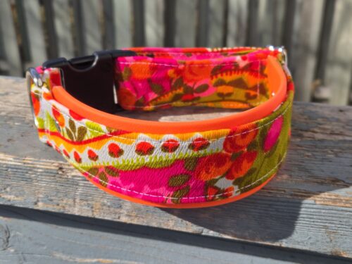 Bold bright 70s floral material paired with biothane for a layered biothane dog collar